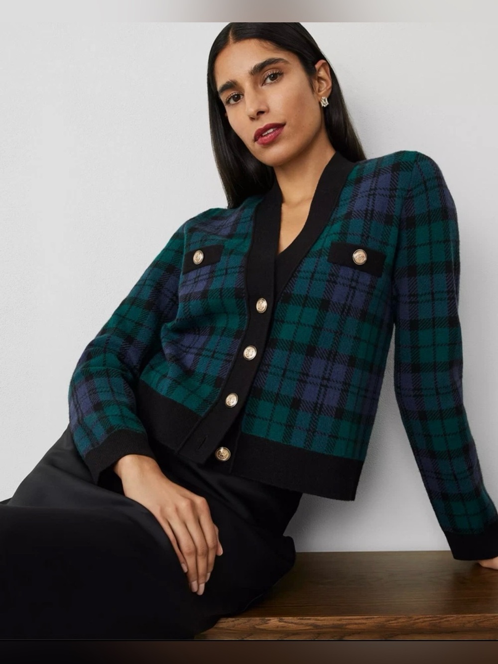 Ann Taylor Blackwatch Plaid Cardigan Preppy Grandpa Country Club Academia